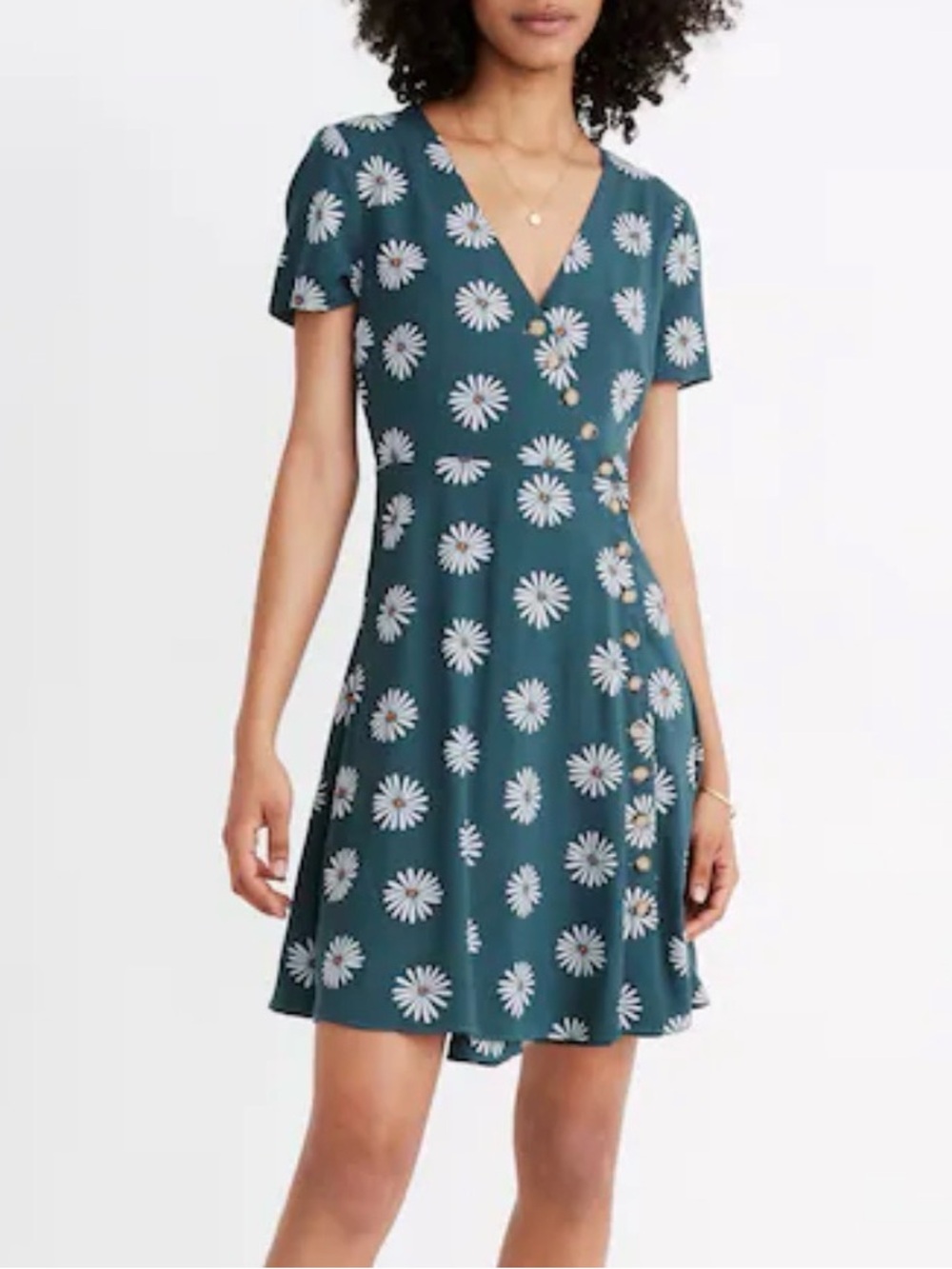 Madewell Teal Daisy Wrap-Style Short Sleeve Dress